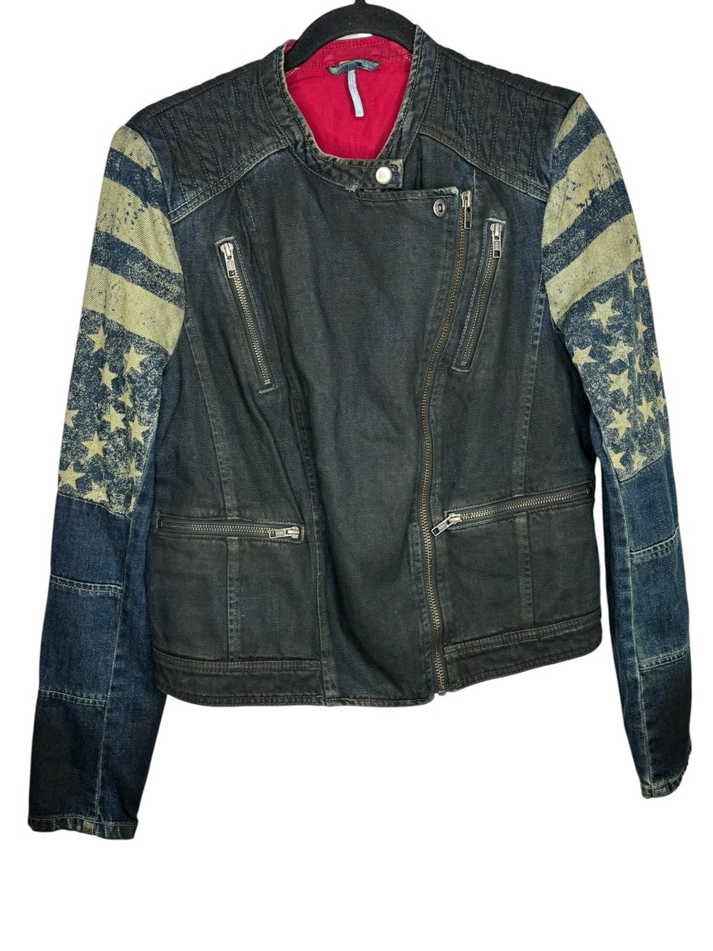 Free People American Flag Moto Jacket Distressed Denim Military Biker Grunge 12 - Picture 2 of 11